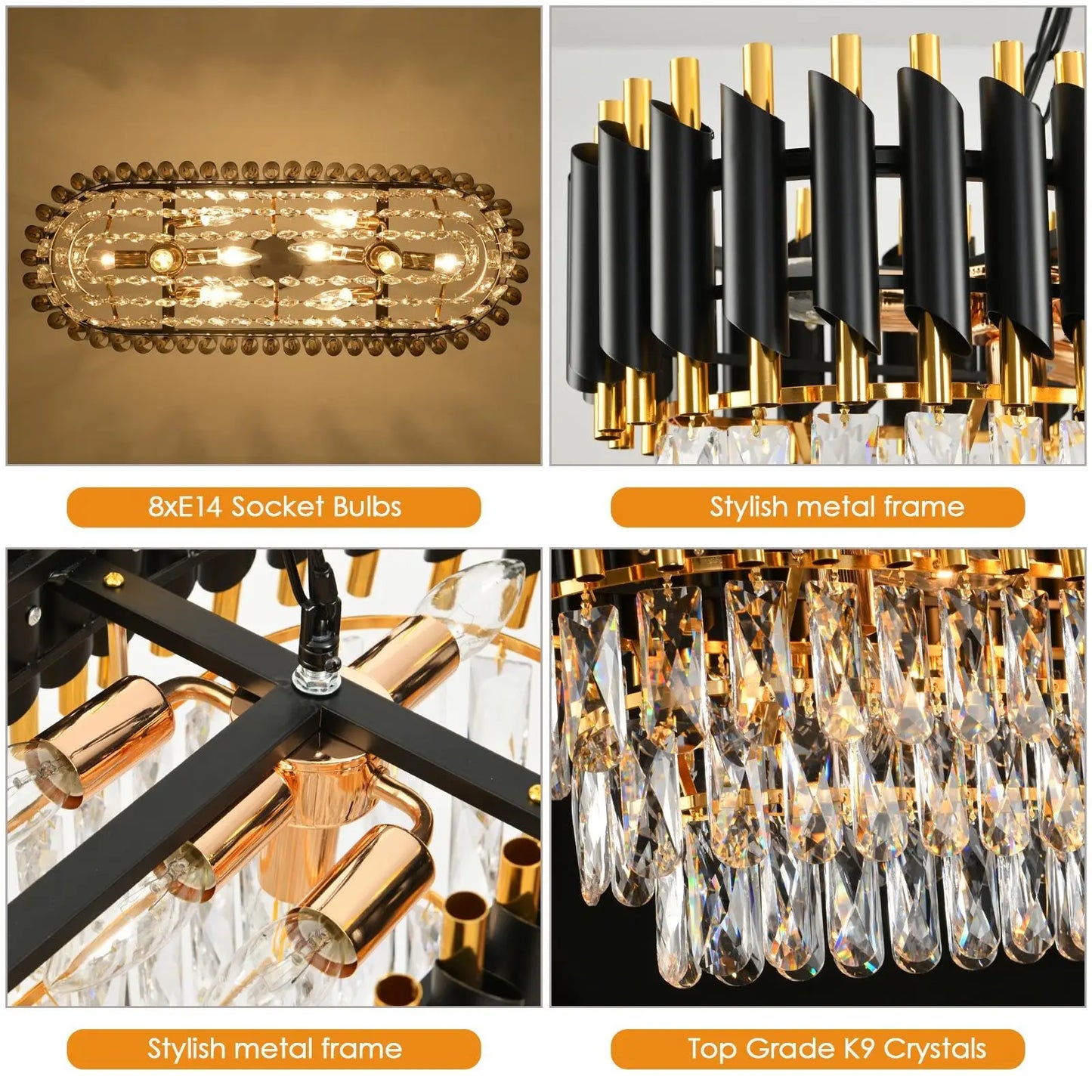 Black & Gold 3-Tier Crystal Chandelier