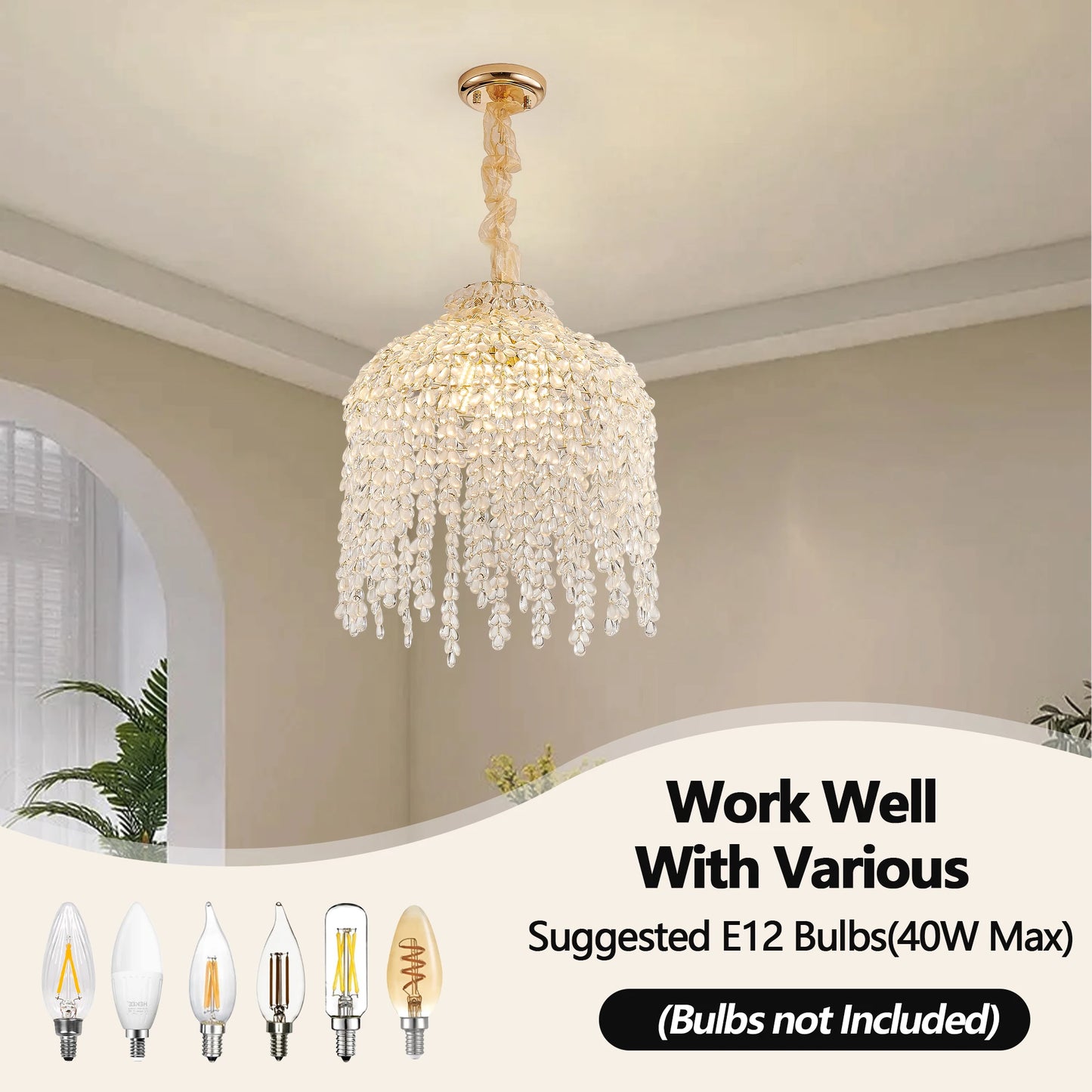Crystal Waterfall Chandelier – 5 Light Gold Pendant (16”)