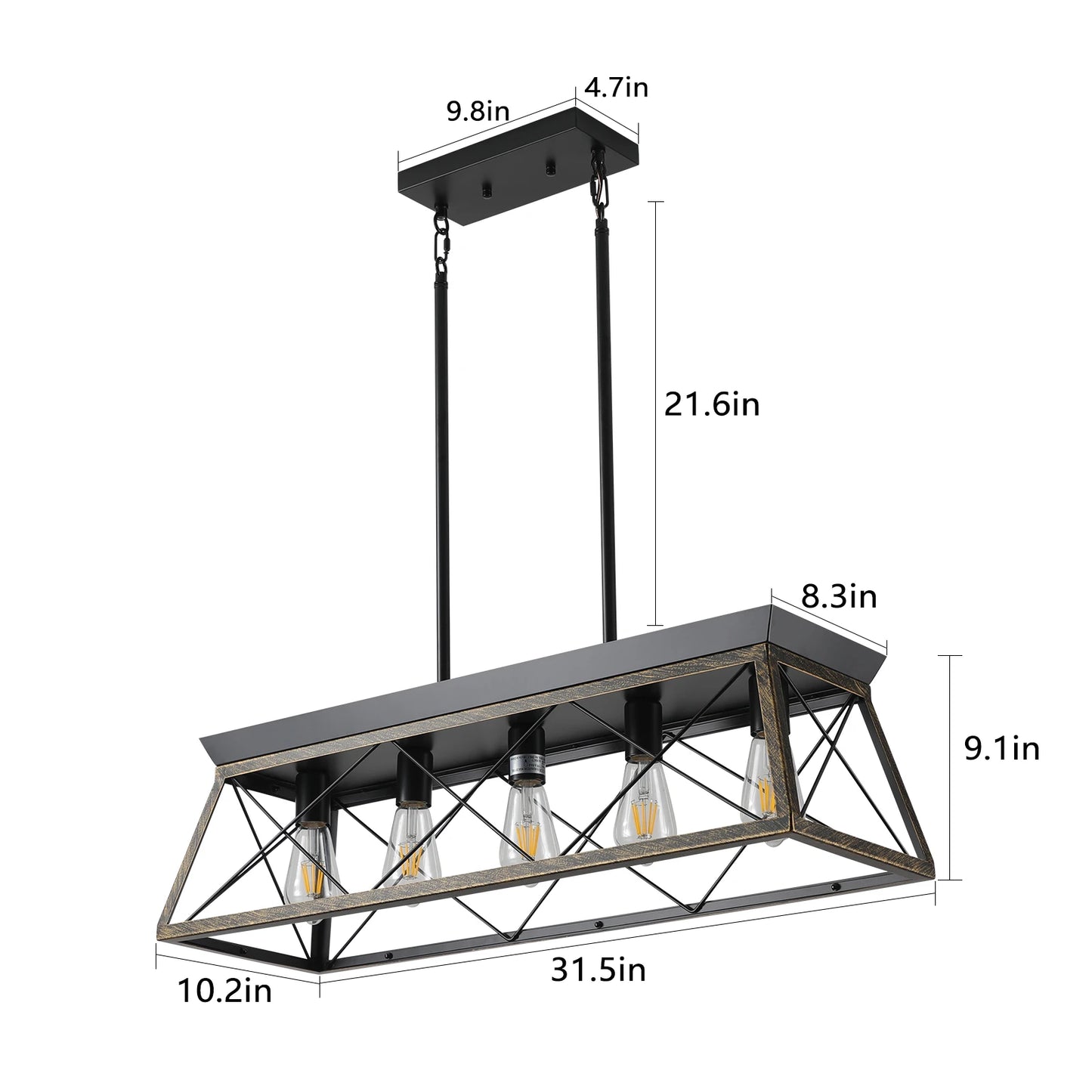 Farmhouse Chandeliers 5-lamp modern metal rectangular island lamp, suitable for living rooms, dining rooms, kitchens (No Bulbs)