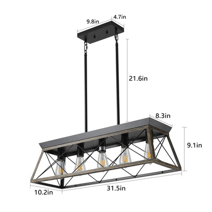 Farmhouse Chandeliers 5-lamp modern metal rectangular island lamp, suitable for living rooms, dining rooms, kitchens (No Bulbs)
