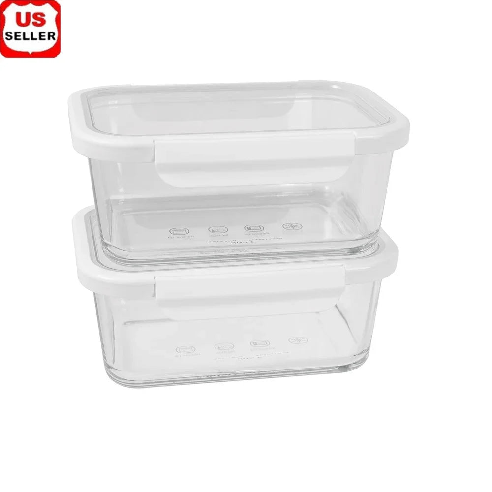 4PC Rectangle Glass Containers Airtight Lid Microwave Freezer Dishwasher Safe Food Storage