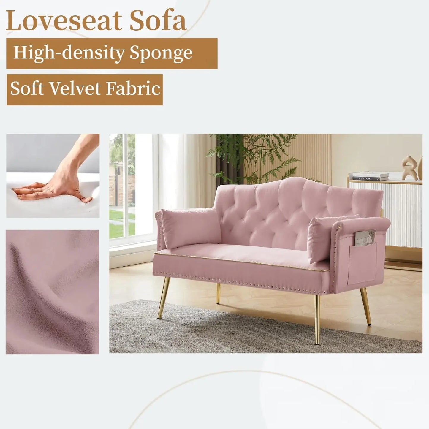 Modern Pink Velvet Sofa with Gold Legs