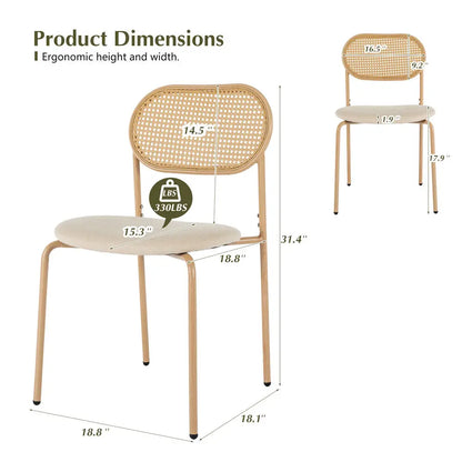 Upholstered Dining Chair with Rattan Back & Metal Legs