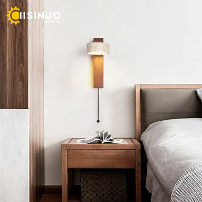 Wabi Sabi Travertine Wall Lamp – Walnut LED Bedroom Light