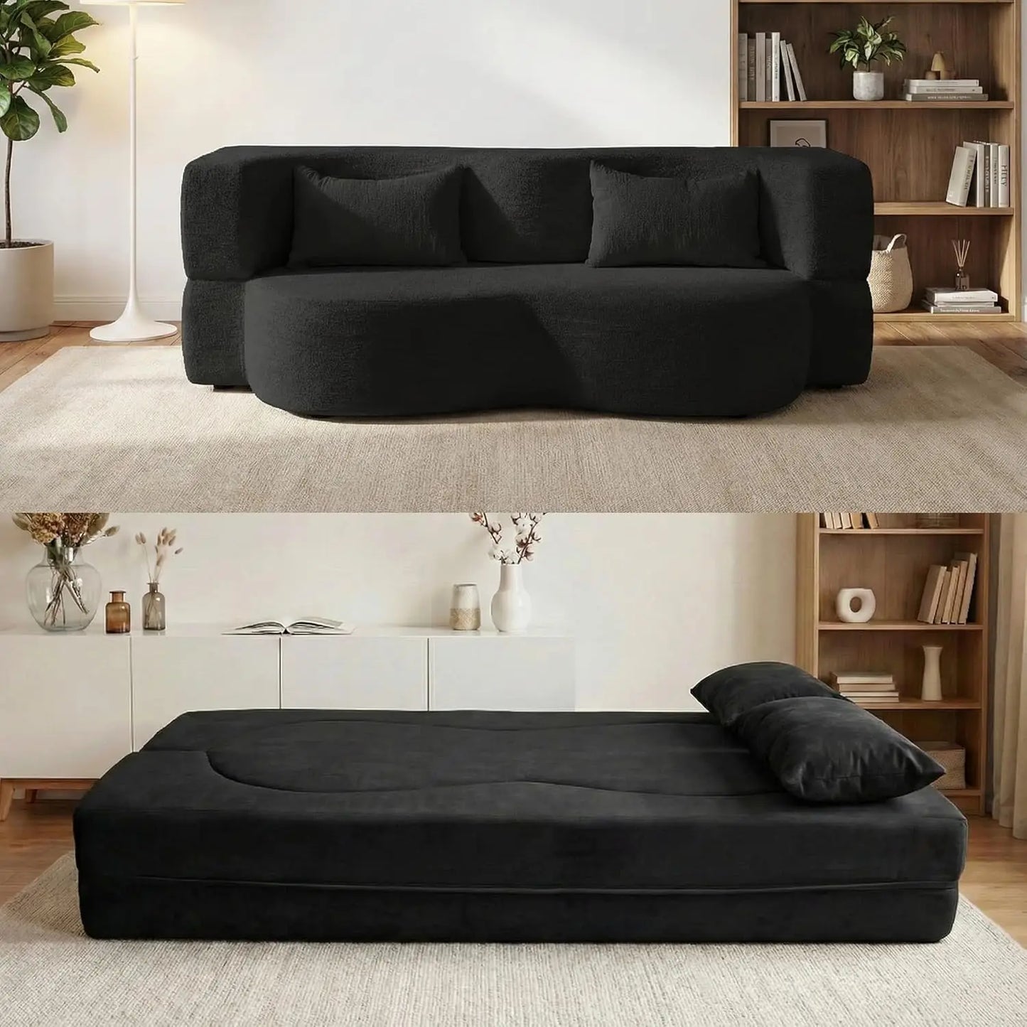 2-in-1 Teddy Fabric Floor Sofa Bed