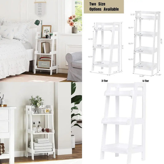 3-Tier Open Wooden Ladder Shelf, Space-Saving White Bathroom Storage