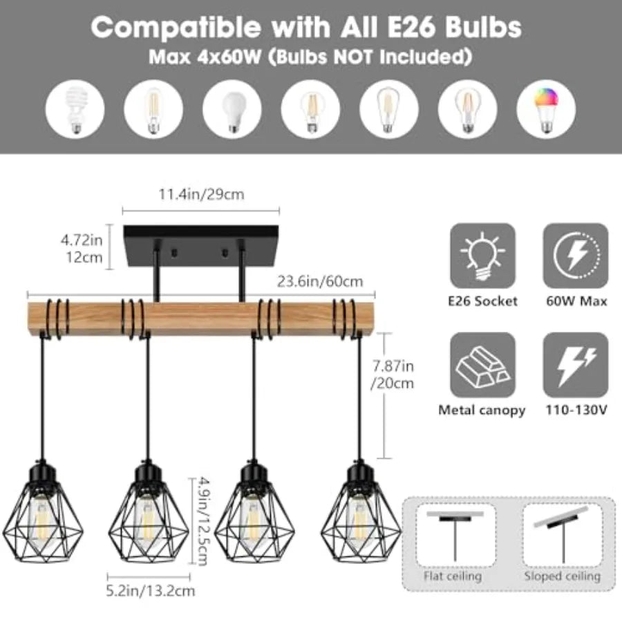 Farmhouse Wood Kitchen Island Lighting 23.6''