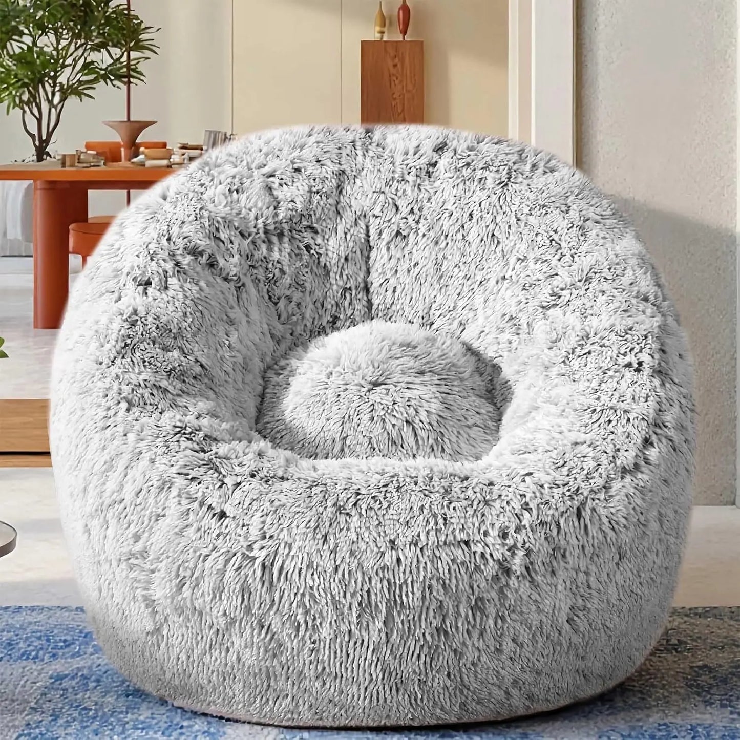 Ultra-Soft Faux Fur Memory Foam Bean Bag Chair – Grey