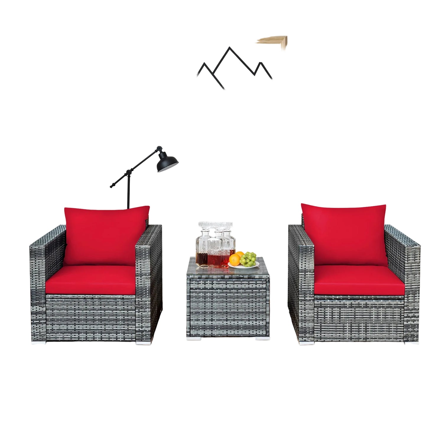 3 PC Patio Rattan Furniture Bistro Set Cushioned Sofa Chair Table Red