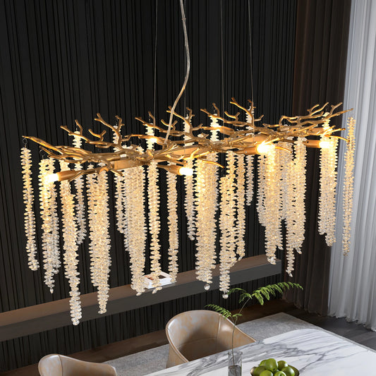 Golden Chandelier with Cascading Crystal String,