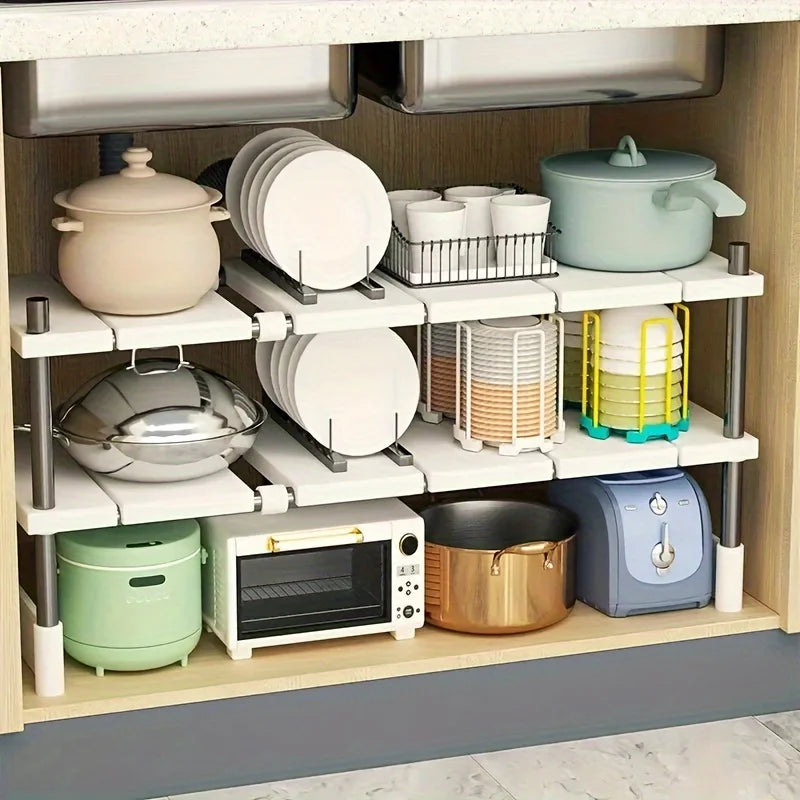 Adjustable Under Sink Storage Rack 2 Tier Pull Out Organizer Sliding Cabinet Shelf Space Saving Kitchen and Bathroom Storage Solution Easy Assembly