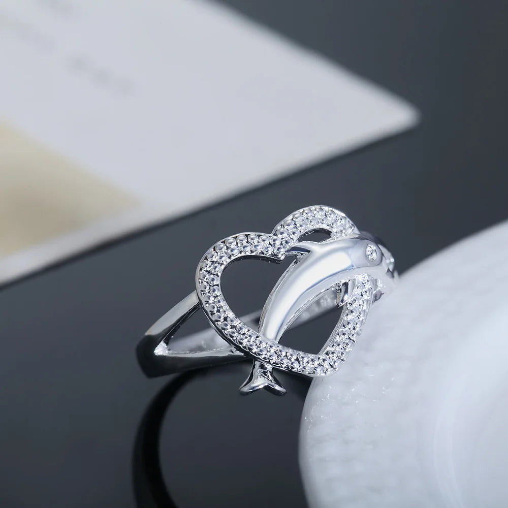 Sterling Silver Love Dolphins Ring
