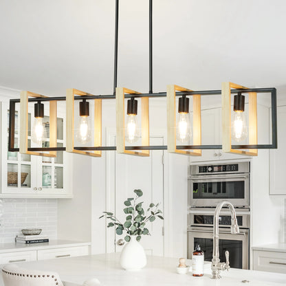 Farmhouse Kitchen Island Pendant Light – Dimmable Wood Shade Chandelier for Dining Room