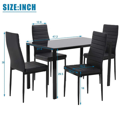 5-Piece Black Glass Dining Table Set with 4 Chairs