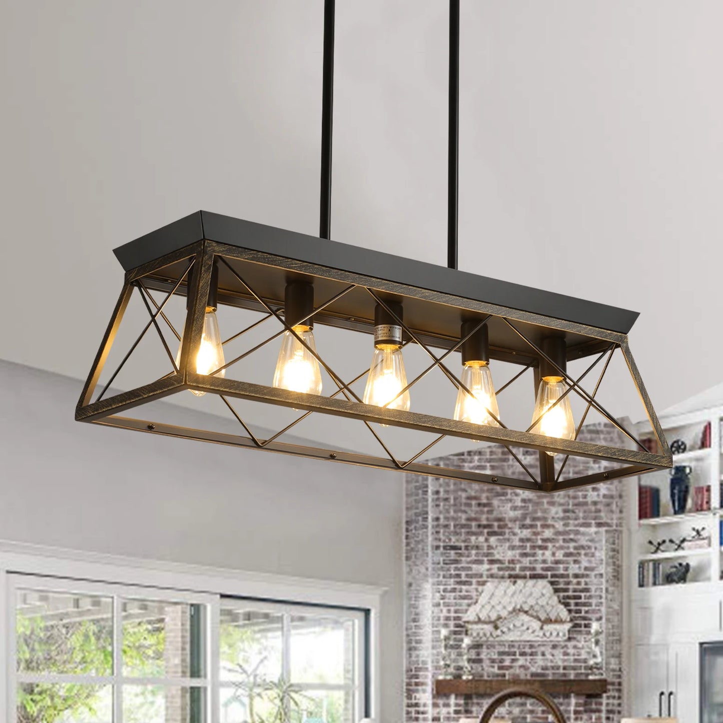 Farmhouse Chandeliers 5-lamp modern metal rectangular island lamp, suitable for living rooms, dining rooms, kitchens (No Bulbs)