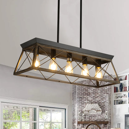 Farmhouse Chandeliers 5-lamp modern metal rectangular island lamp, suitable for living rooms, dining rooms, kitchens (No Bulbs)