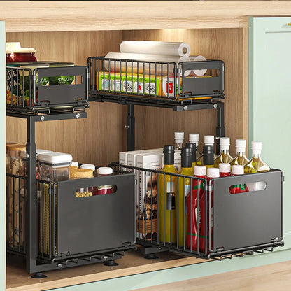 2 Tier Pull Out Under Sink Organizer Sliding Cabinet Storage Rack Space Saving Kitchen and Bathroom Organizer Multi Purpose Storage Shelf Easy Assembly