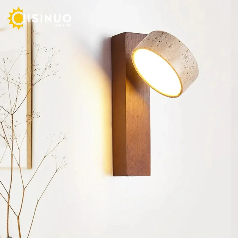 Wabi Sabi Travertine Wall Lamp – Walnut LED Bedroom Light