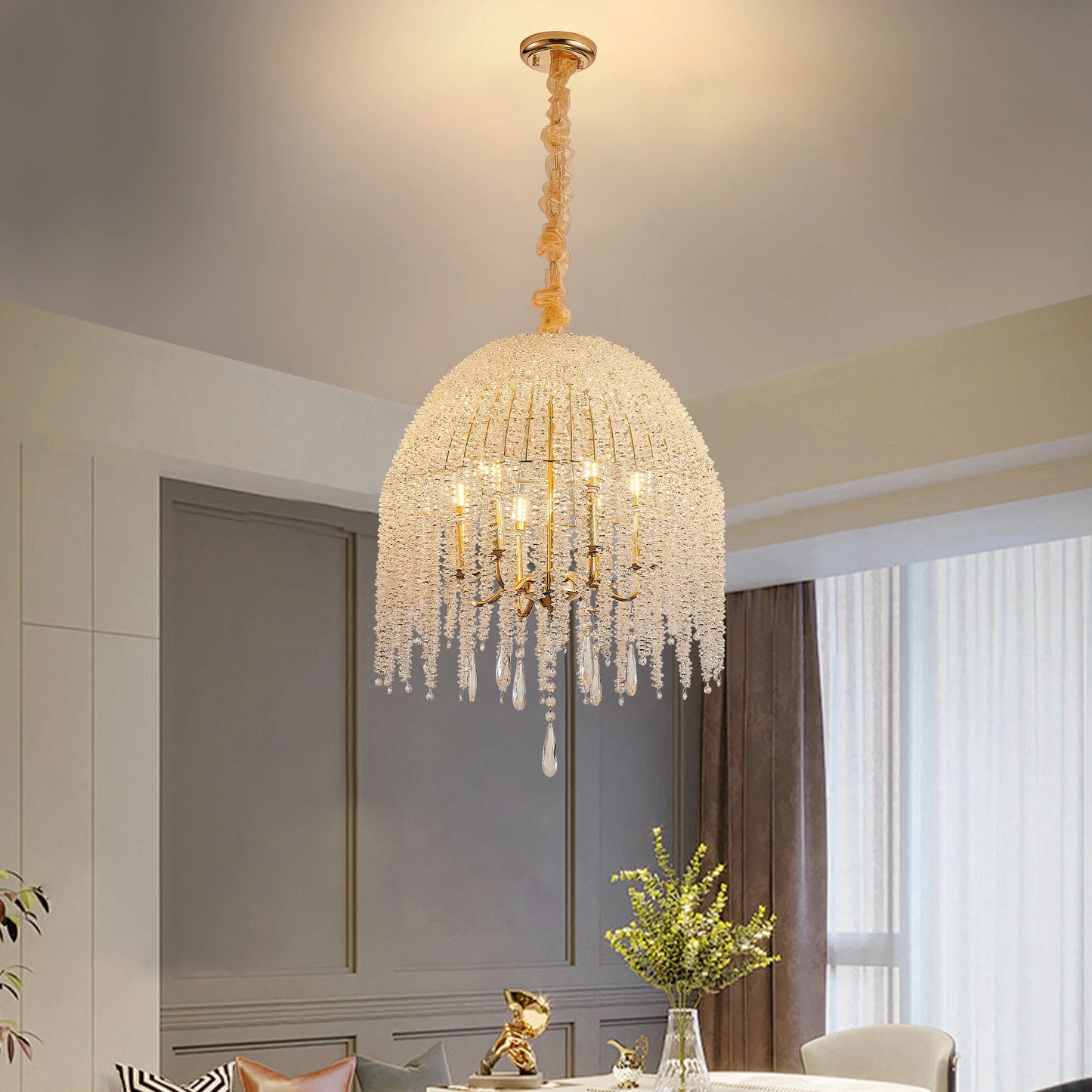 20" 6-Light Gold Crystal Waterfall Chandelier – Elegant Beaded Pendant Ceiling Light