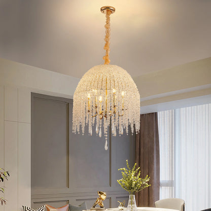 20" 6-Light Gold Crystal Waterfall Chandelier – Elegant Beaded Pendant Ceiling Light