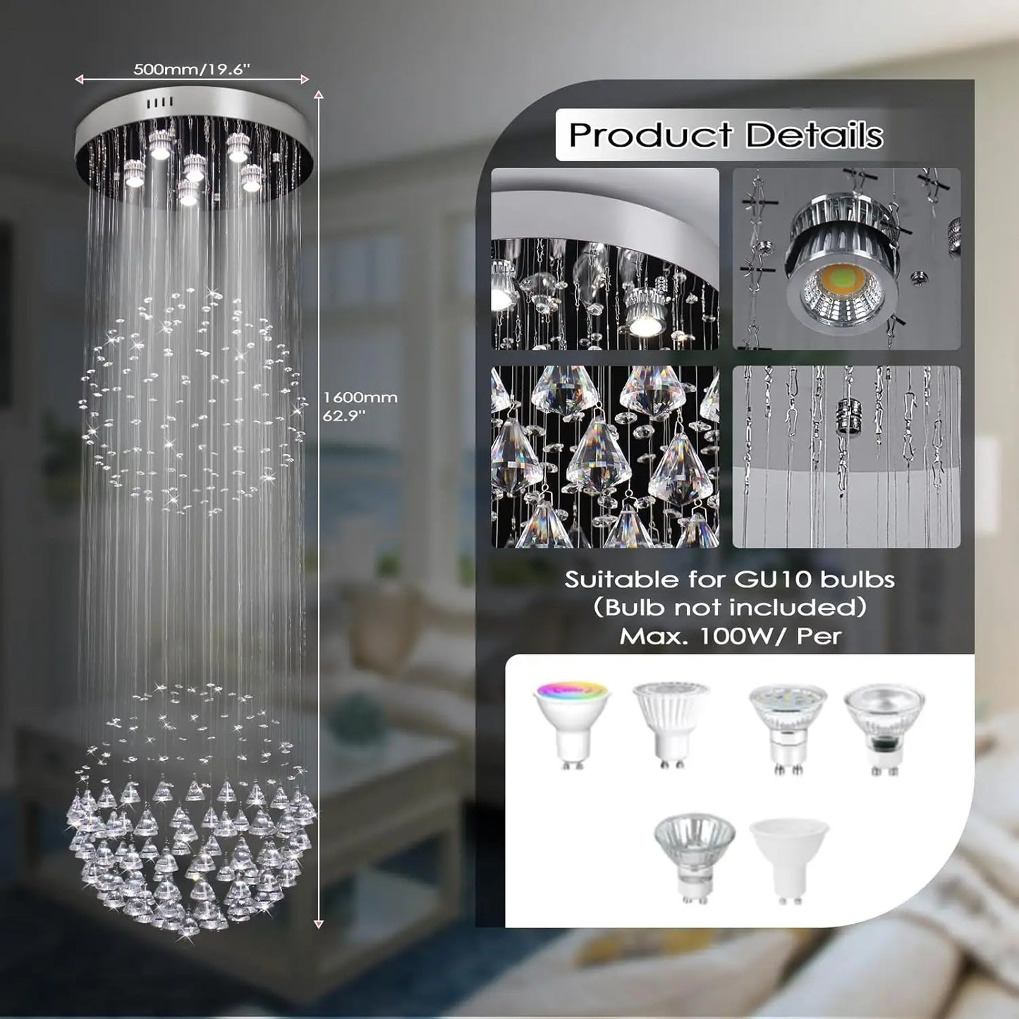 Large High Ceiling Chandelier – Long Raindrop Crystal Pendant Light for Staircase & Foyer