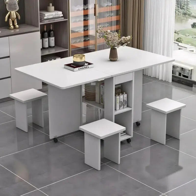 Folding Drop Leaf Dining Table Set for 4 with 4 Chairs, Space Saving Foldable Dining Table with Storage and Wheels, 47.2" D x