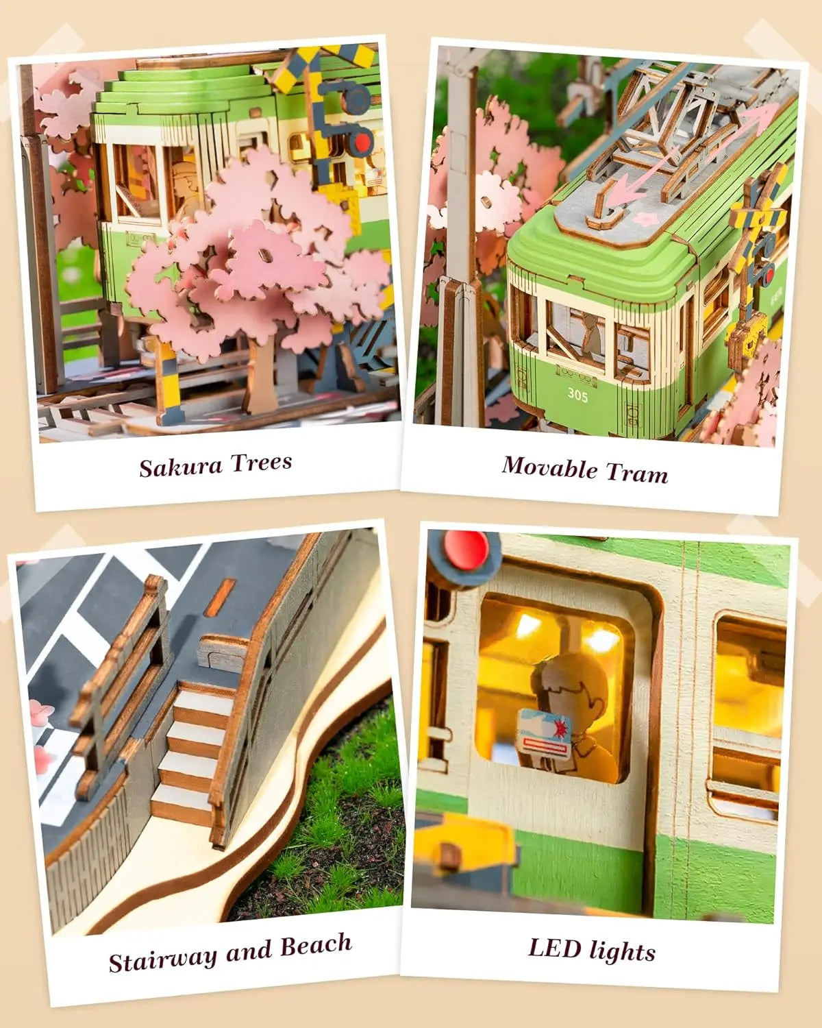 Robotime Sakura Journey Tram 3D Wooden Puzzle Model Kit with LED Lights, 223 Pieces