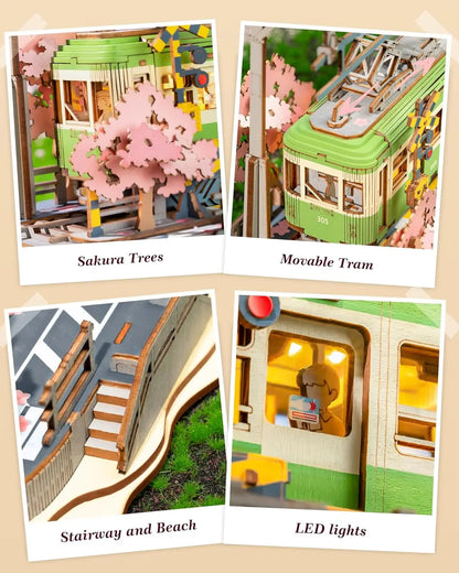Robotime Sakura Journey Tram 3D Wooden Puzzle Model Kit with LED Lights, 223 Pieces