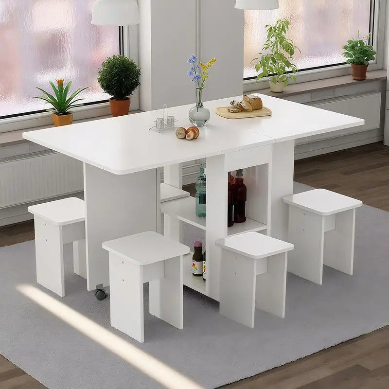 Folding Drop Leaf Dining Table Set for 4 with 4 Chairs, Space Saving Foldable Dining Table with Storage and Wheels, 47.2" D x