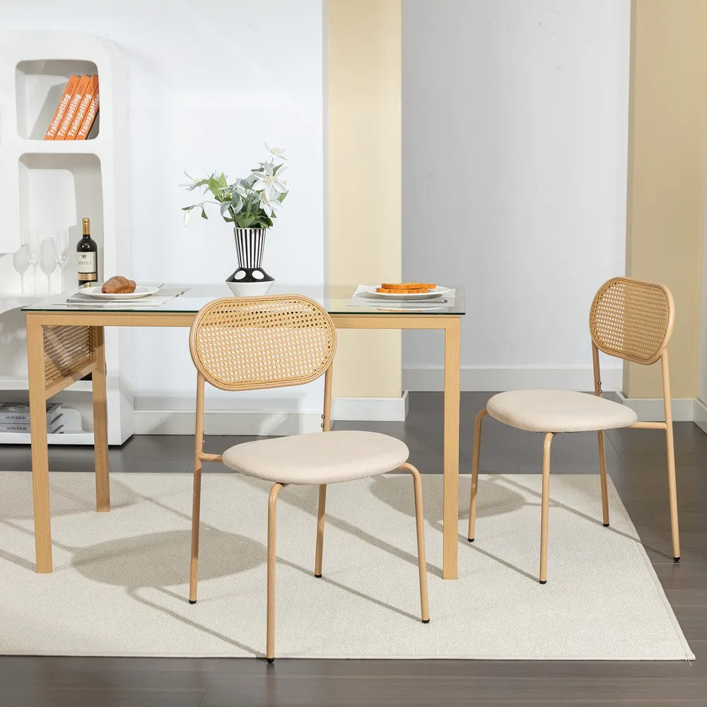 Upholstered Dining Chair with Rattan Back & Metal Legs