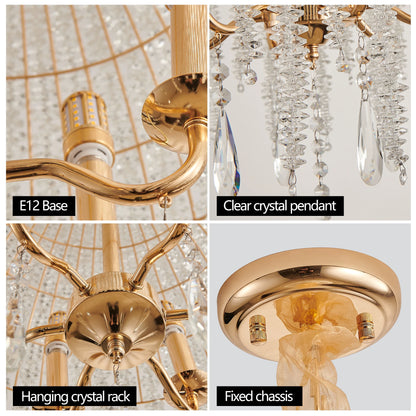 20" 6-Light Gold Crystal Waterfall Chandelier – Elegant Beaded Pendant Ceiling Light