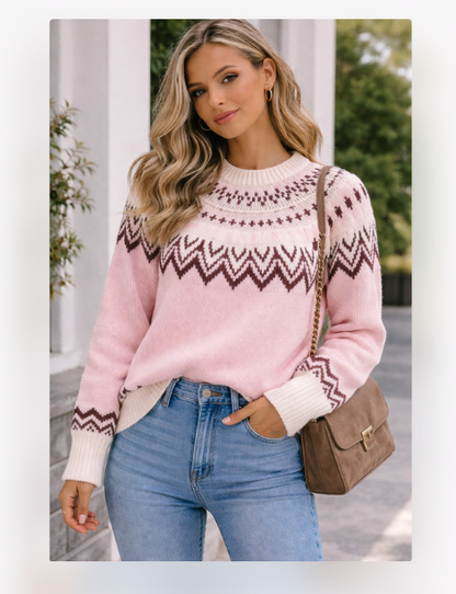 Womens Fair Isle Pullover Loose-Fit Extra-Soft Sweater