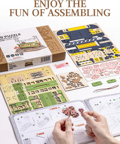 Robotime Sakura Journey Tram 3D Wooden Puzzle Model Kit with LED Lights, 223 Pieces