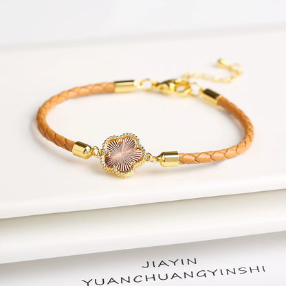 Leather Woven Flower Charm Bracelet