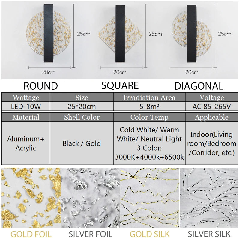 Luxury Acrylic Gold Foil LED Wall Sconce – 10W