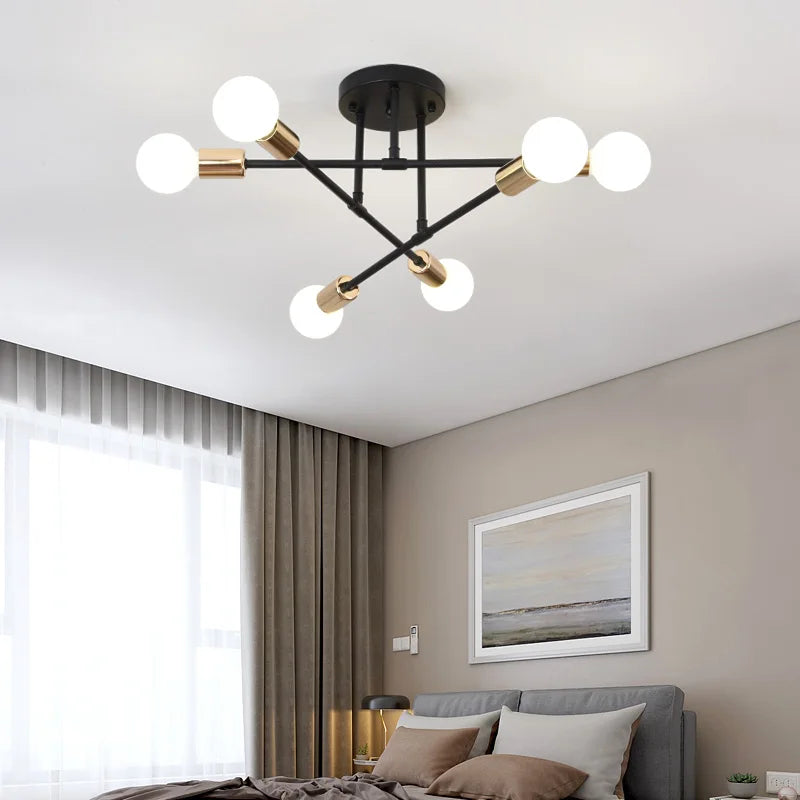 Industrial Wrought Iron 6-Light Ceiling Lamp