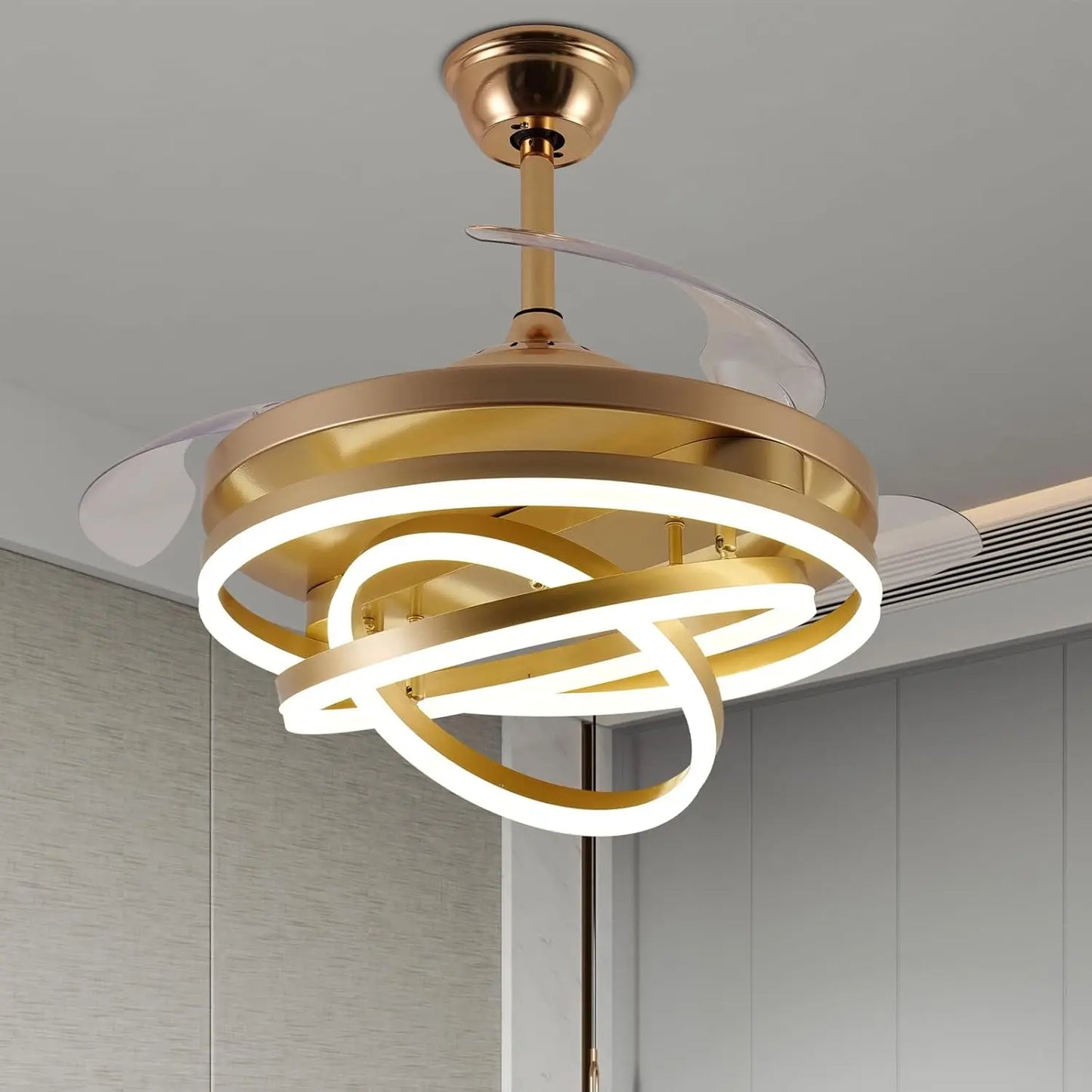 Ceiling Fan And Chandelier with Cascading Crystal String Silent