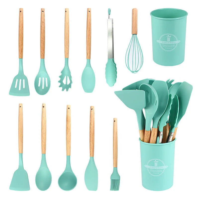 Silicone Kitchen Utensils Set Wooden Handle