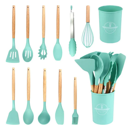 Silicone Kitchen Utensils Set Wooden Handle