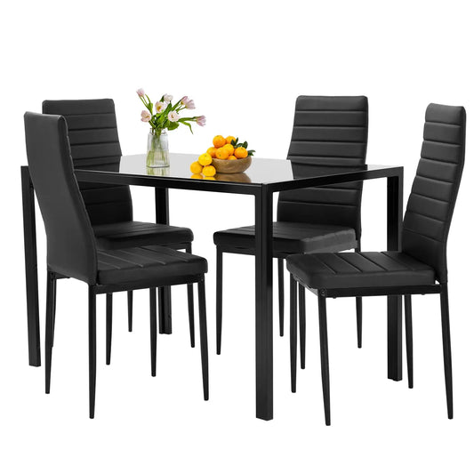 5-Piece Black Glass Dining Table Set with 4 Chairs