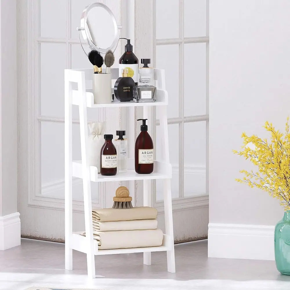 3-Tier Open Wooden Ladder Shelf, Space-Saving White Bathroom Storage