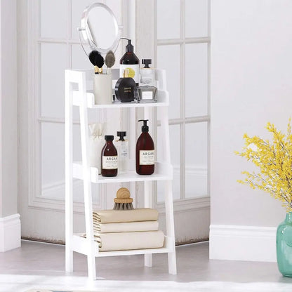 3-Tier Open Wooden Ladder Shelf, Space-Saving White Bathroom Storage