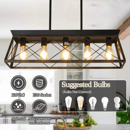 Farmhouse Chandeliers 5-lamp modern metal rectangular island lamp, suitable for living rooms, dining rooms, kitchens (No Bulbs)