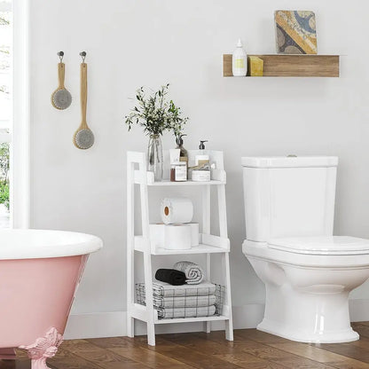 3-Tier Open Wooden Ladder Shelf, Space-Saving White Bathroom Storage