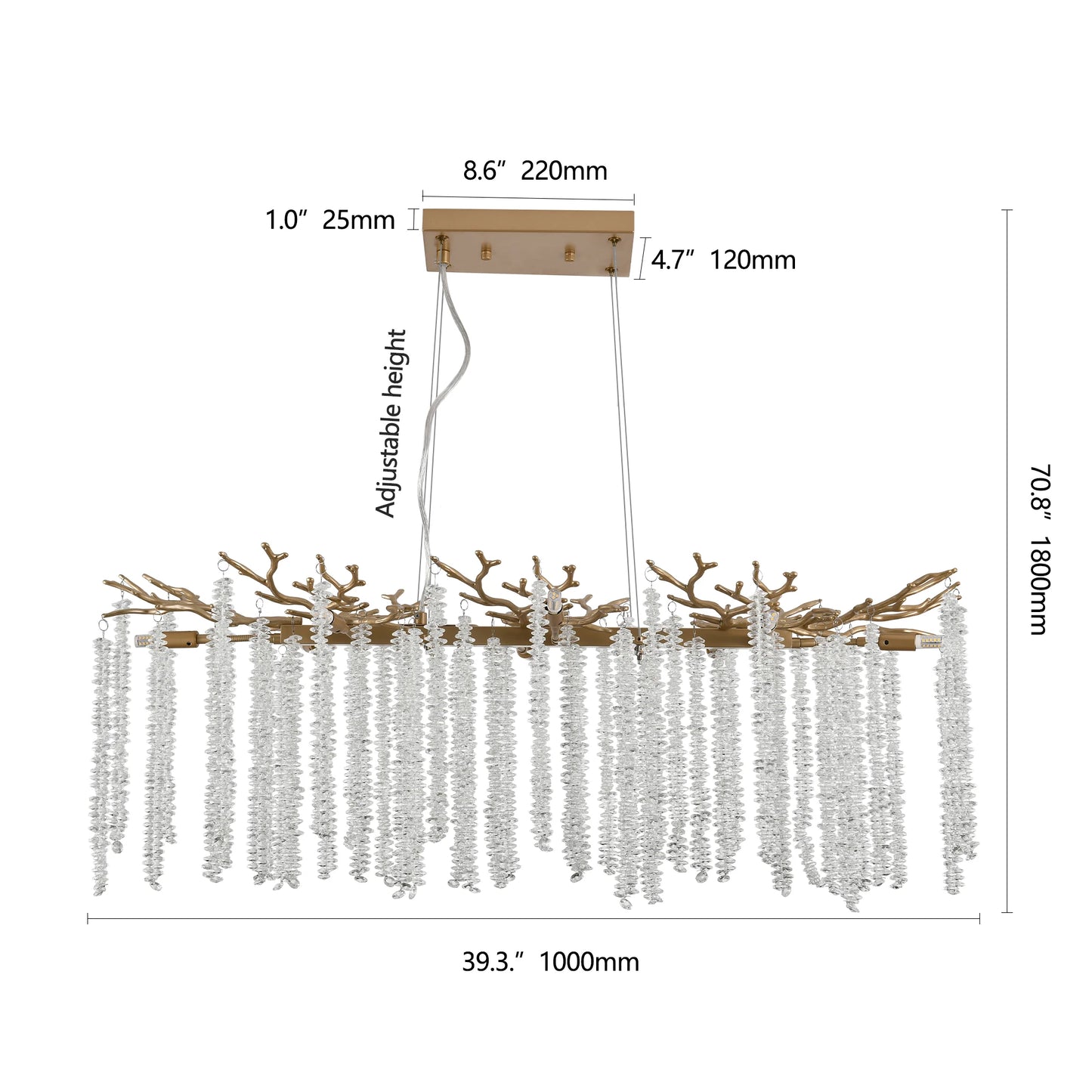 39.4" Gold Crystal Chandelier – Cascading Crystal String Pendant Light for Living Room & Foyer