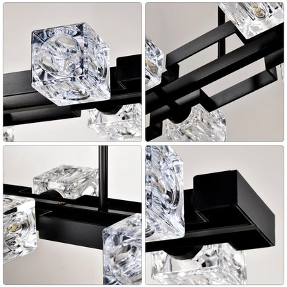 8-Light Black Farmhouse Rectangle Chandelier – Linear Crystal Pendant Light for Dining Room