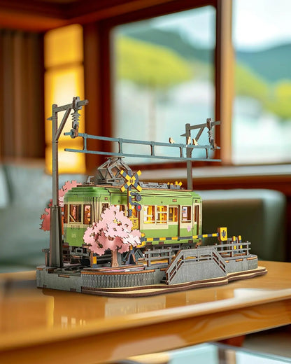 Robotime Sakura Journey Tram 3D Wooden Puzzle Model Kit with LED Lights, 223 Pieces