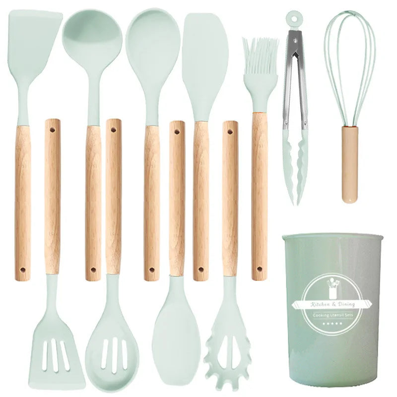 Silicone Kitchen Utensils Set Wooden Handle