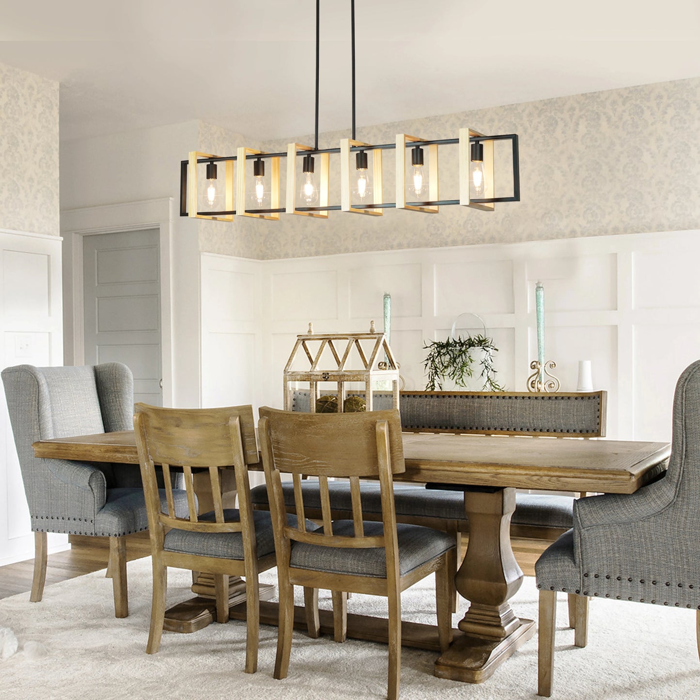 Farmhouse Kitchen Island Pendant Light – Dimmable Wood Shade Chandelier for Dining Room