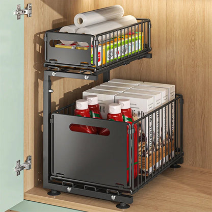 2 Tier Pull Out Under Sink Organizer Sliding Cabinet Storage Rack Space Saving Kitchen and Bathroom Organizer Multi Purpose Storage Shelf Easy Assembly